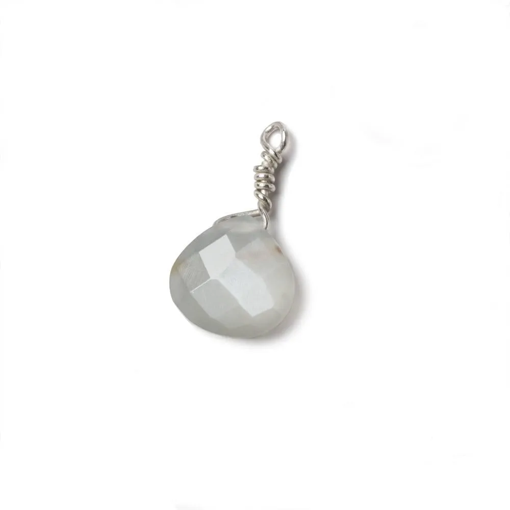 10mm Platinum Grey Moonstone heart .925 Silver Wire Wrapped Pendant 1 pc
