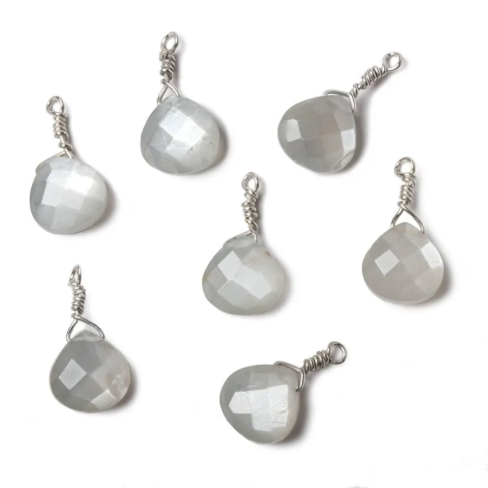 10mm Platinum Grey Moonstone heart .925 Silver Wire Wrapped Pendant 1 pc
