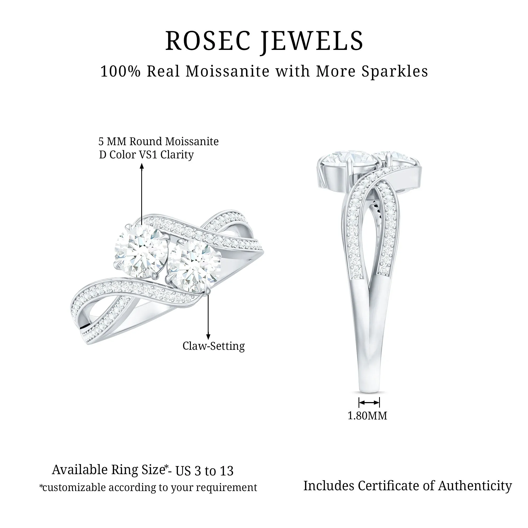 1.25 CT Moi et Toi Round Moissanite Bypass Two Stone Engagement Ring