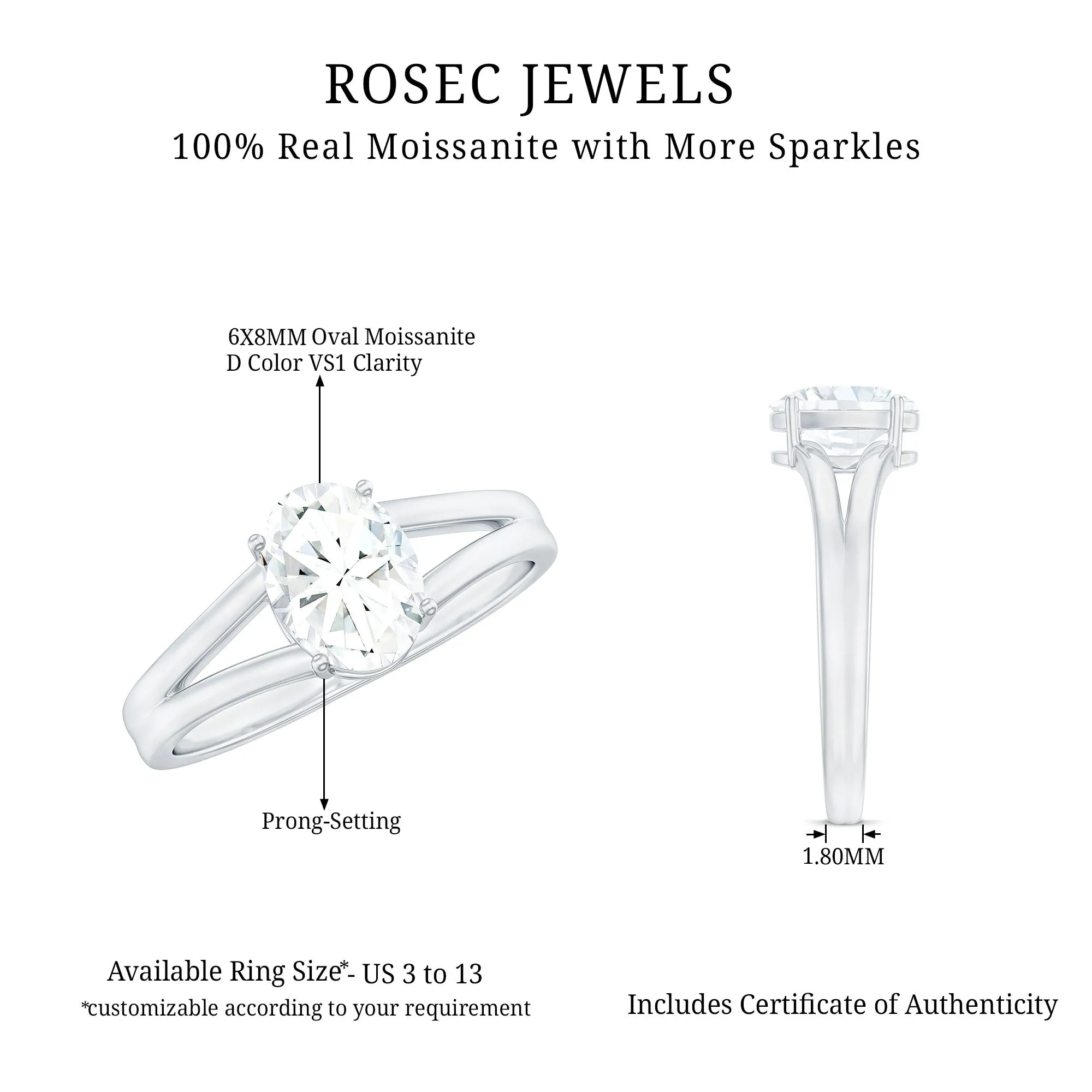 1.25 CT Oval Moissanite Solitaire Engagement Ring