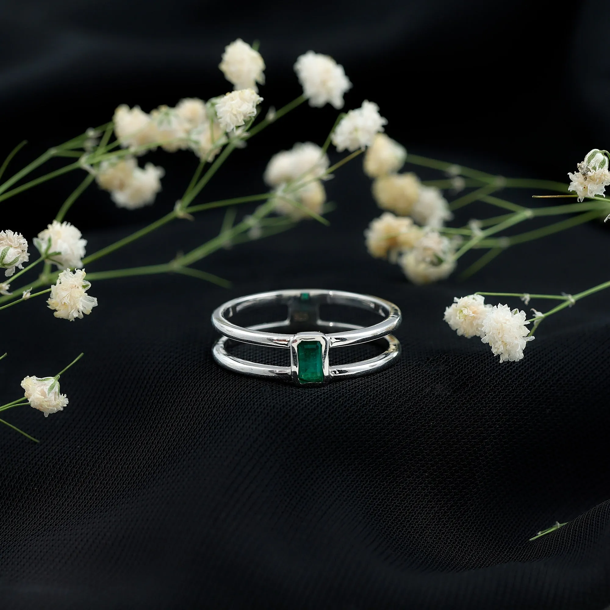 1/4 CT Octagon Cut Emerald Solitaire Double Band Ring