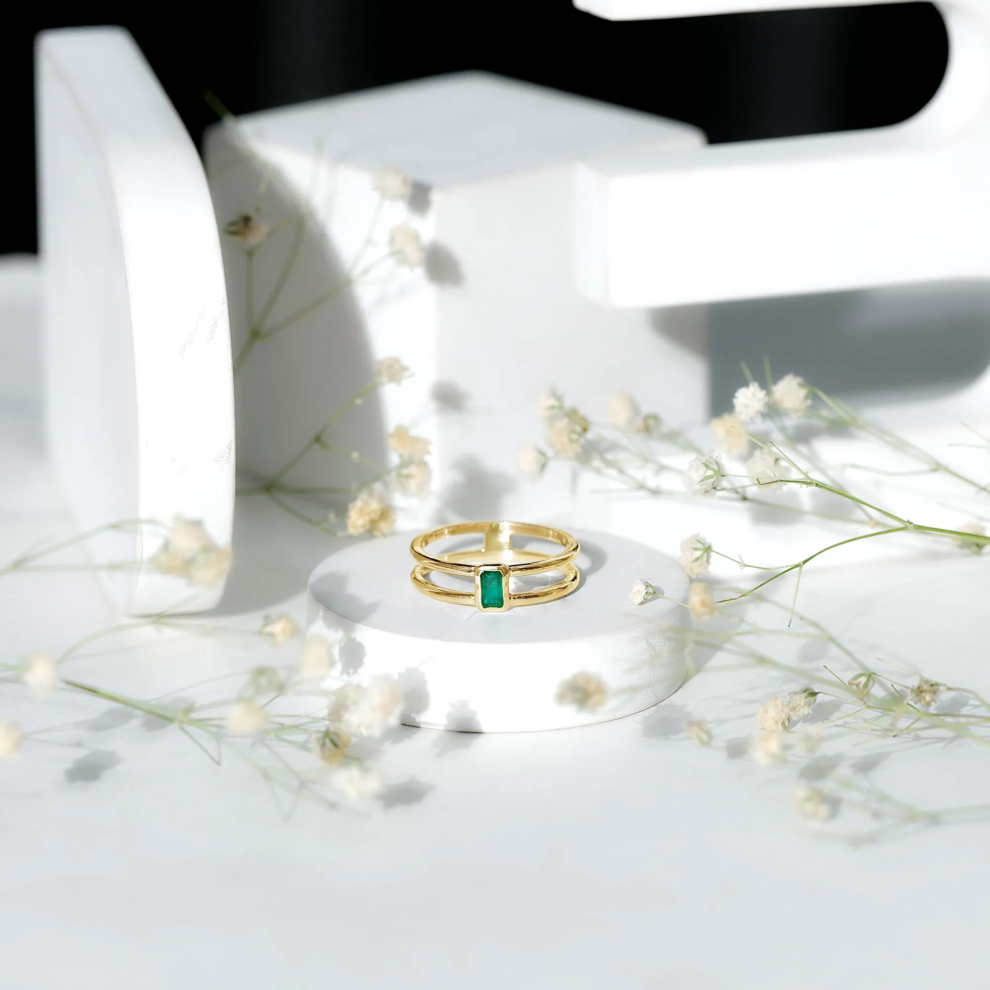 1/4 CT Octagon Cut Emerald Solitaire Double Band Ring