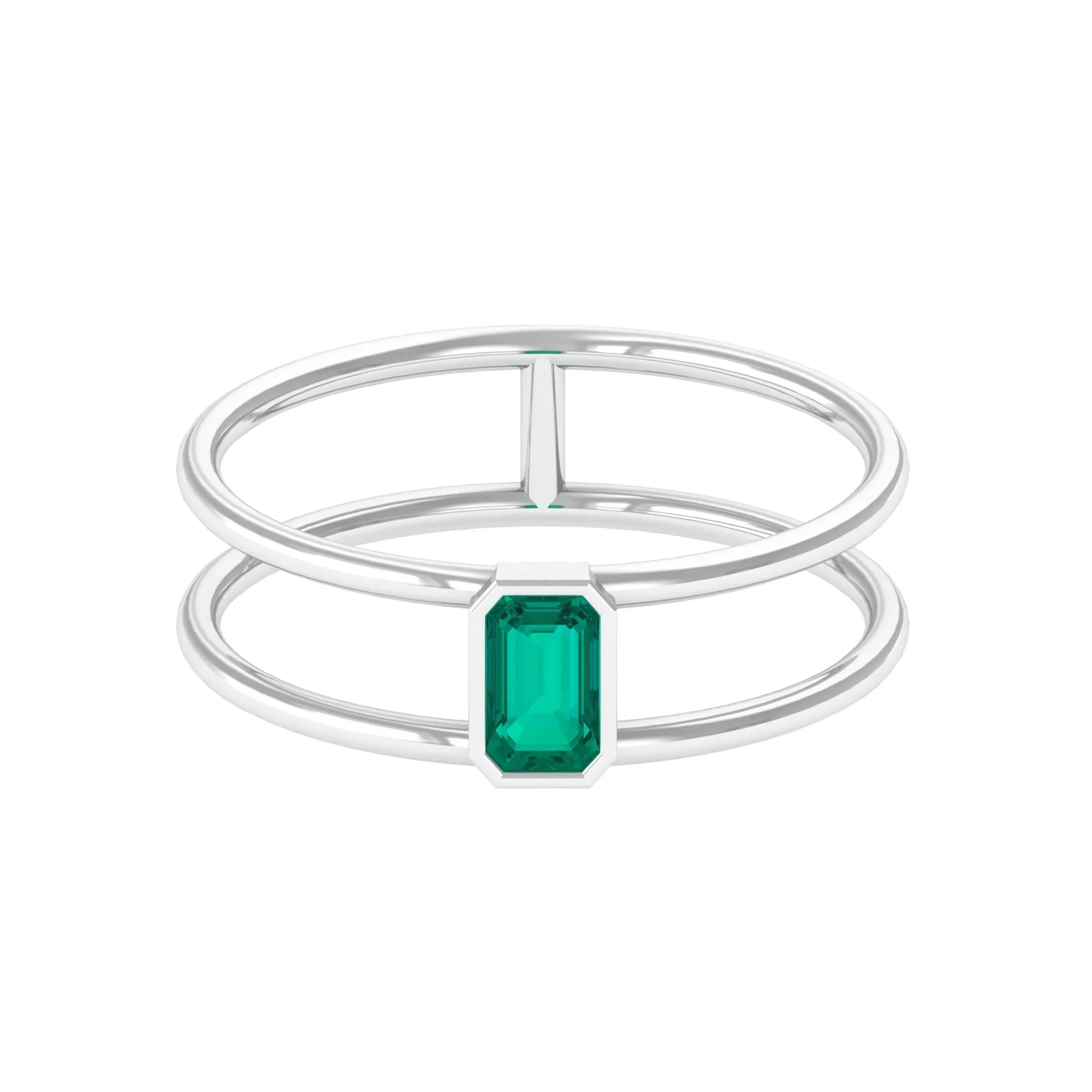 1/4 CT Octagon Cut Emerald Solitaire Double Band Ring