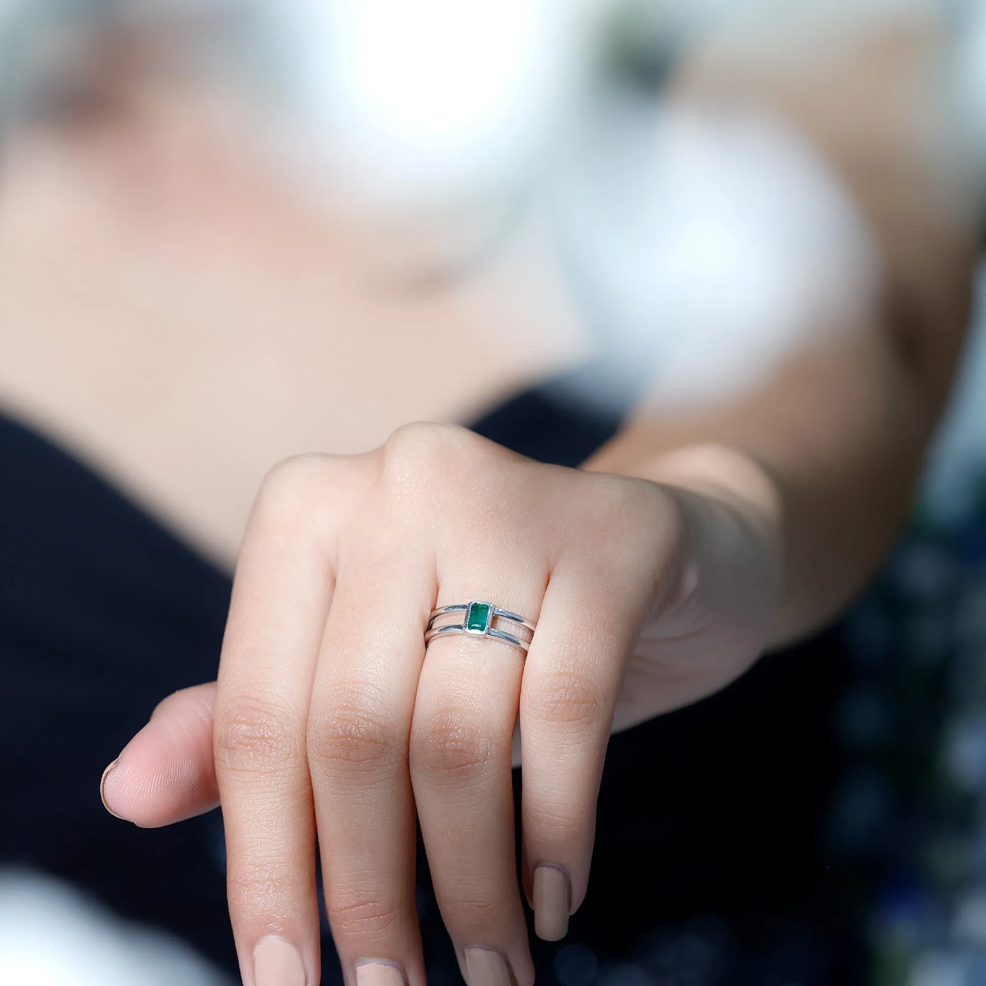 1/4 CT Octagon Cut Emerald Solitaire Double Band Ring