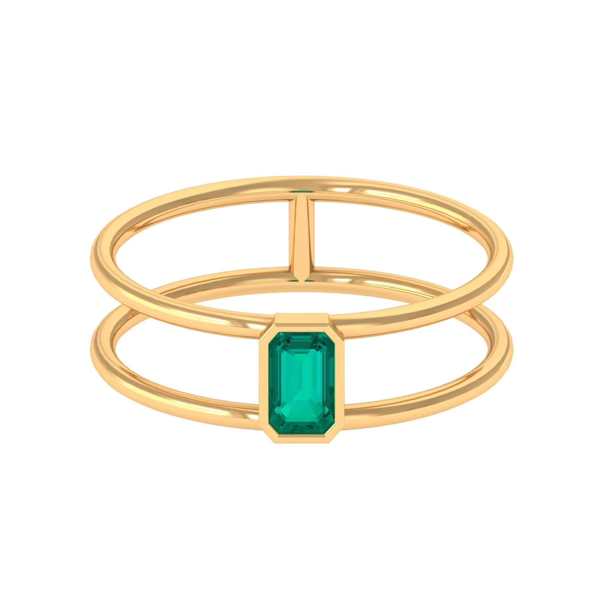 1/4 CT Octagon Cut Emerald Solitaire Double Band Ring