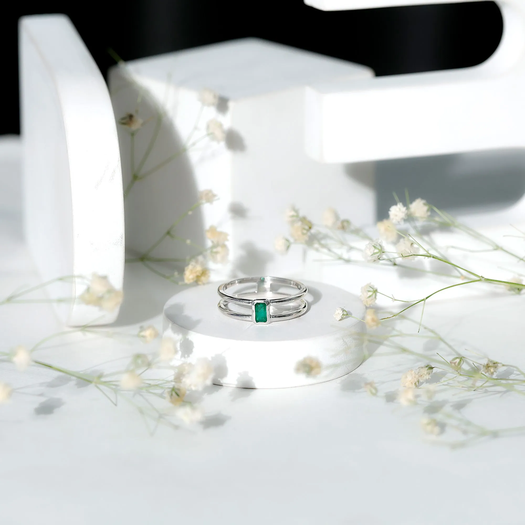 1/4 CT Octagon Cut Emerald Solitaire Double Band Ring