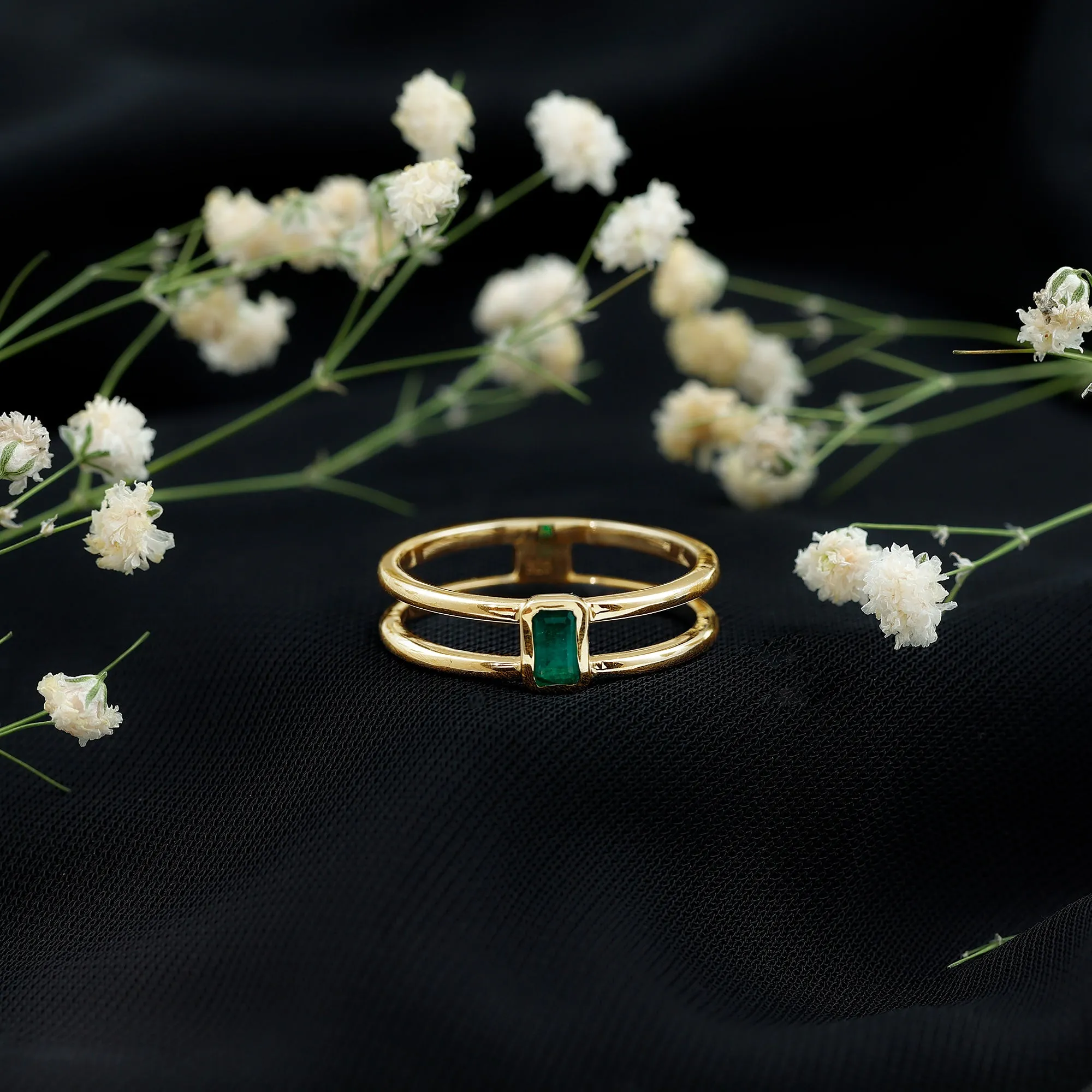 1/4 CT Octagon Cut Emerald Solitaire Double Band Ring