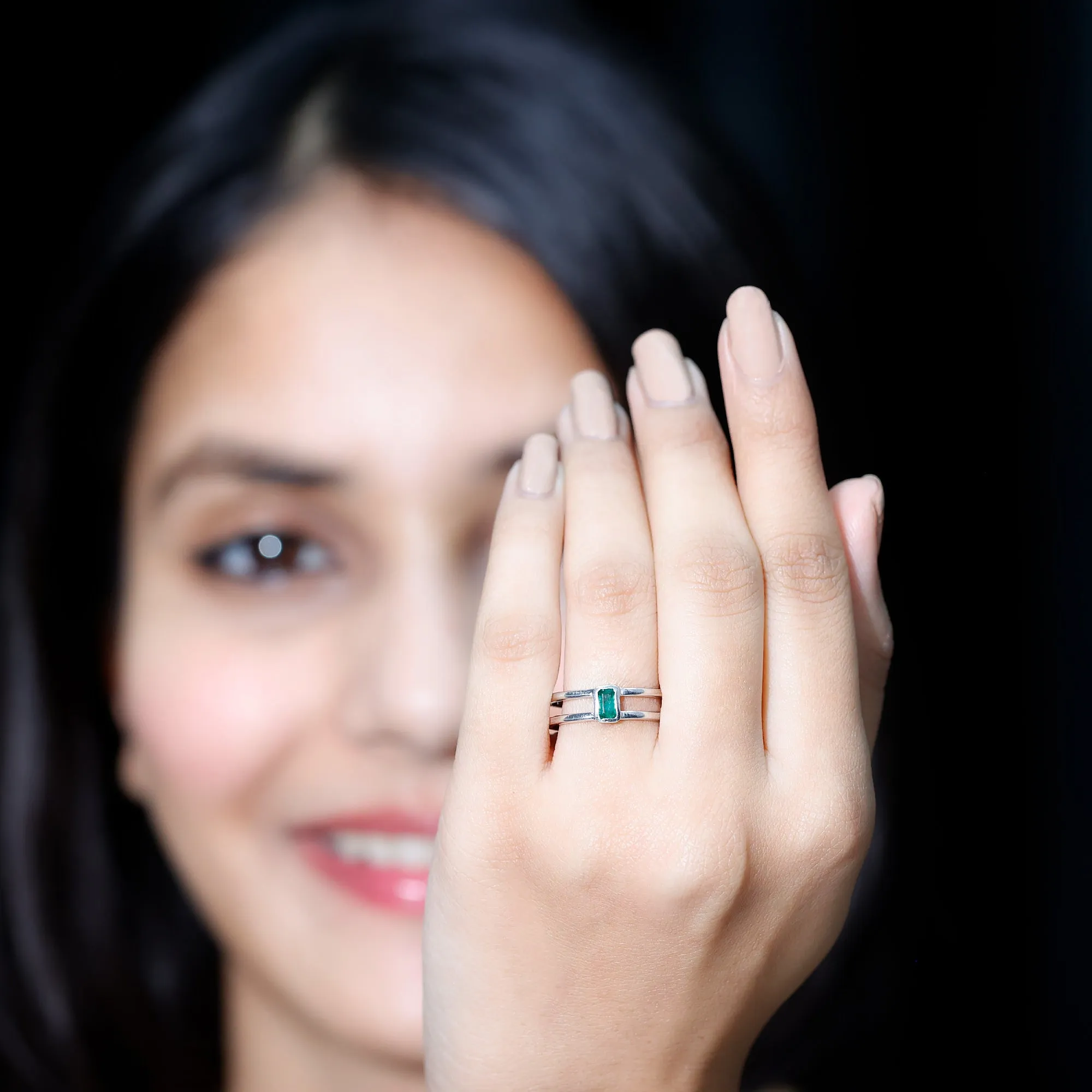 1/4 CT Octagon Cut Emerald Solitaire Double Band Ring