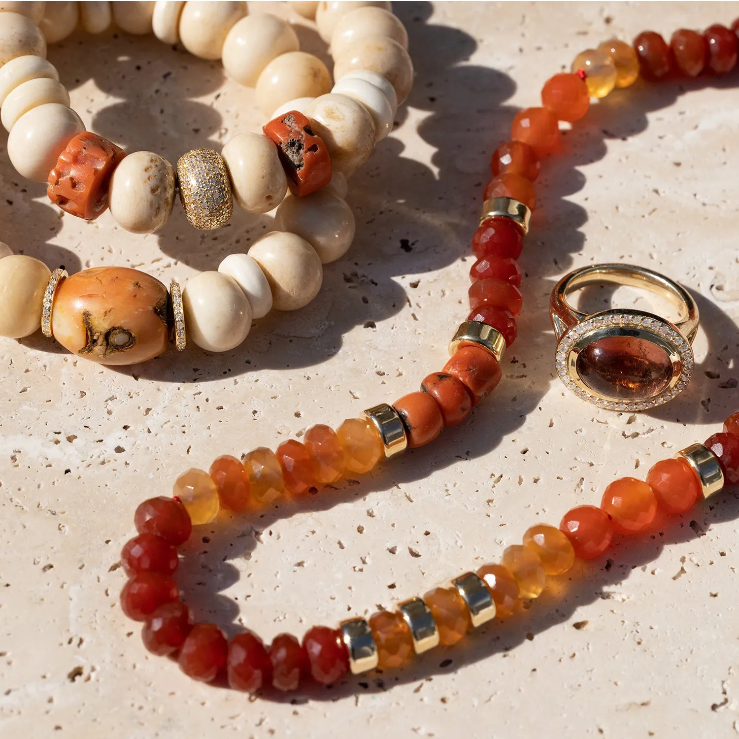 14k Gold Antique Tibetan Bone and Coral Barrel Bracelet with Diamond Rondelles