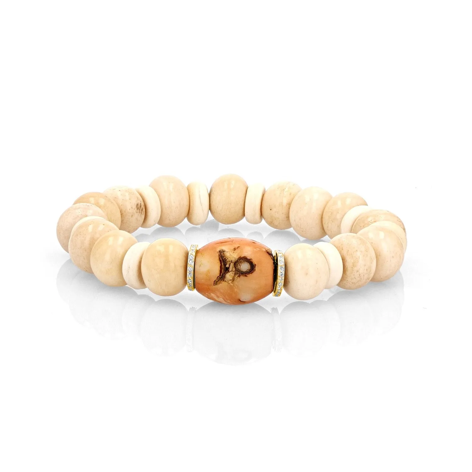 14k Gold Antique Tibetan Bone and Coral Barrel Bracelet with Diamond Rondelles
