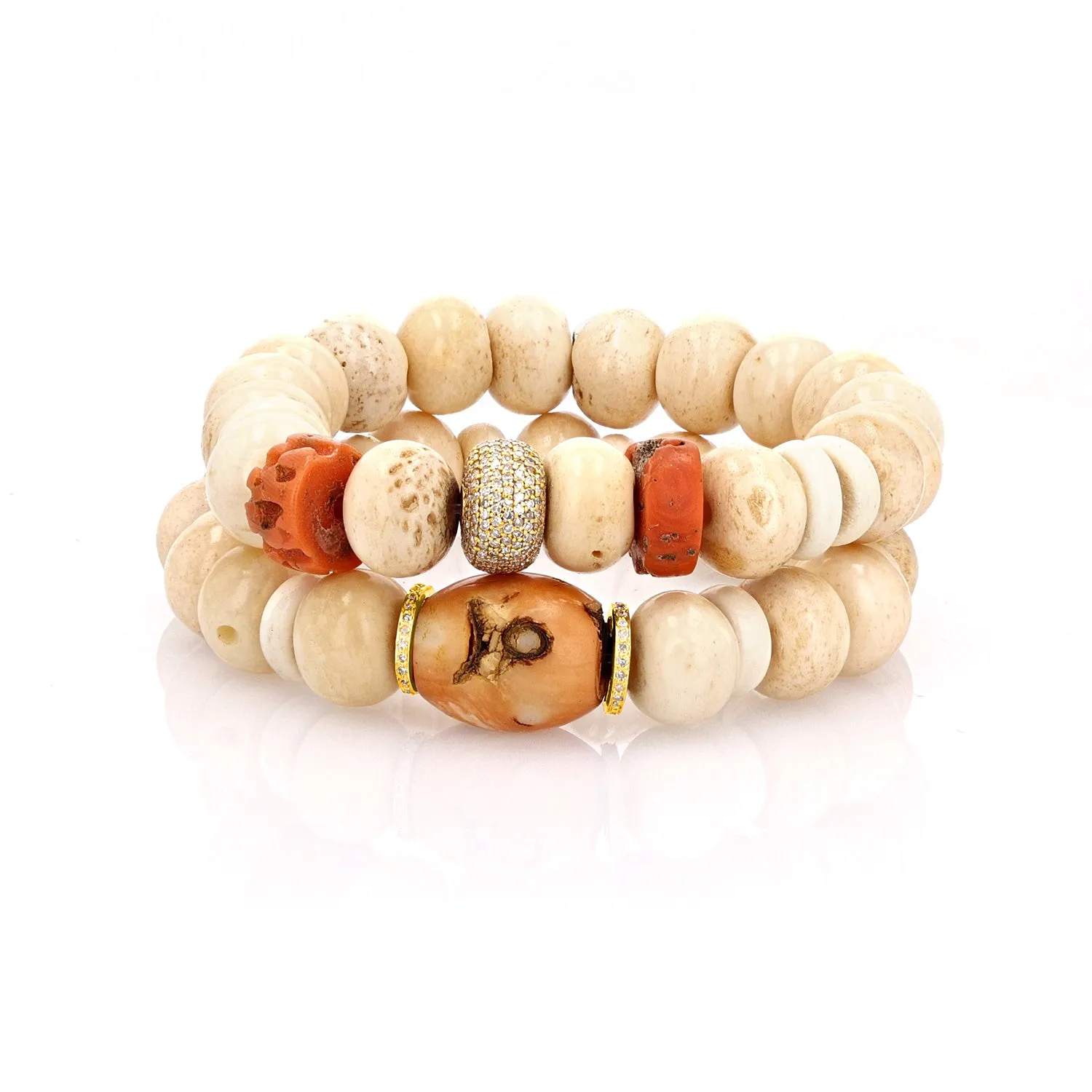 14k Gold Antique Tibetan Bone and Coral Barrel Bracelet with Diamond Rondelles