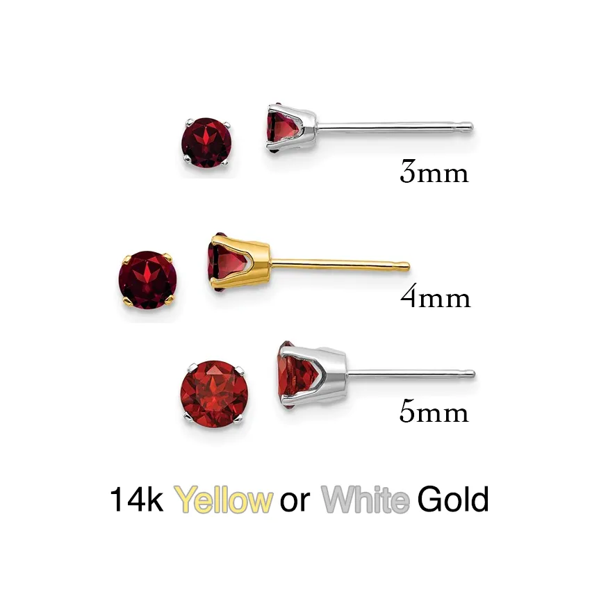 14k Gold Round Genuine Stone Birthstone Stud Earrings - Various Sizes
