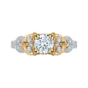 14K Two Tone Gold Round Diamond Floral Engagement Ring (Semi Mount)