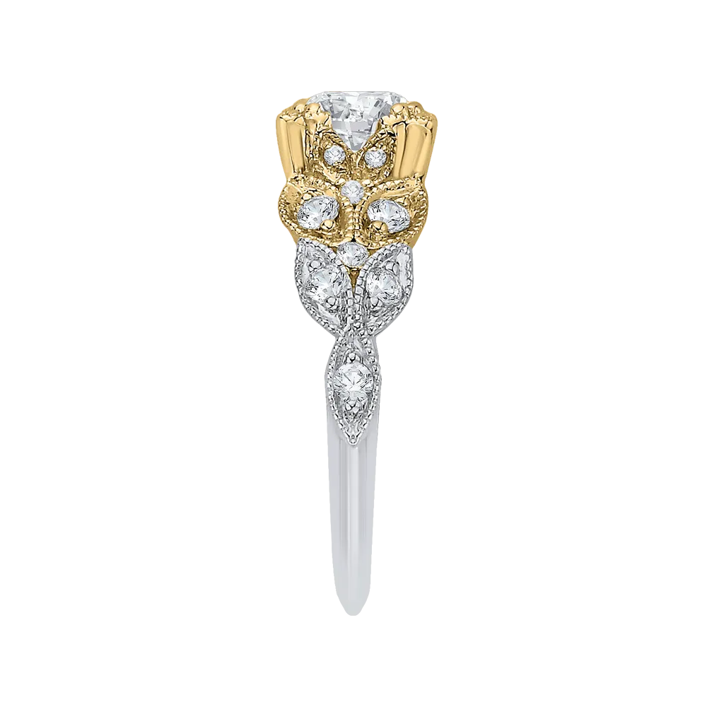 14K Two Tone Gold Round Diamond Floral Engagement Ring (Semi Mount)