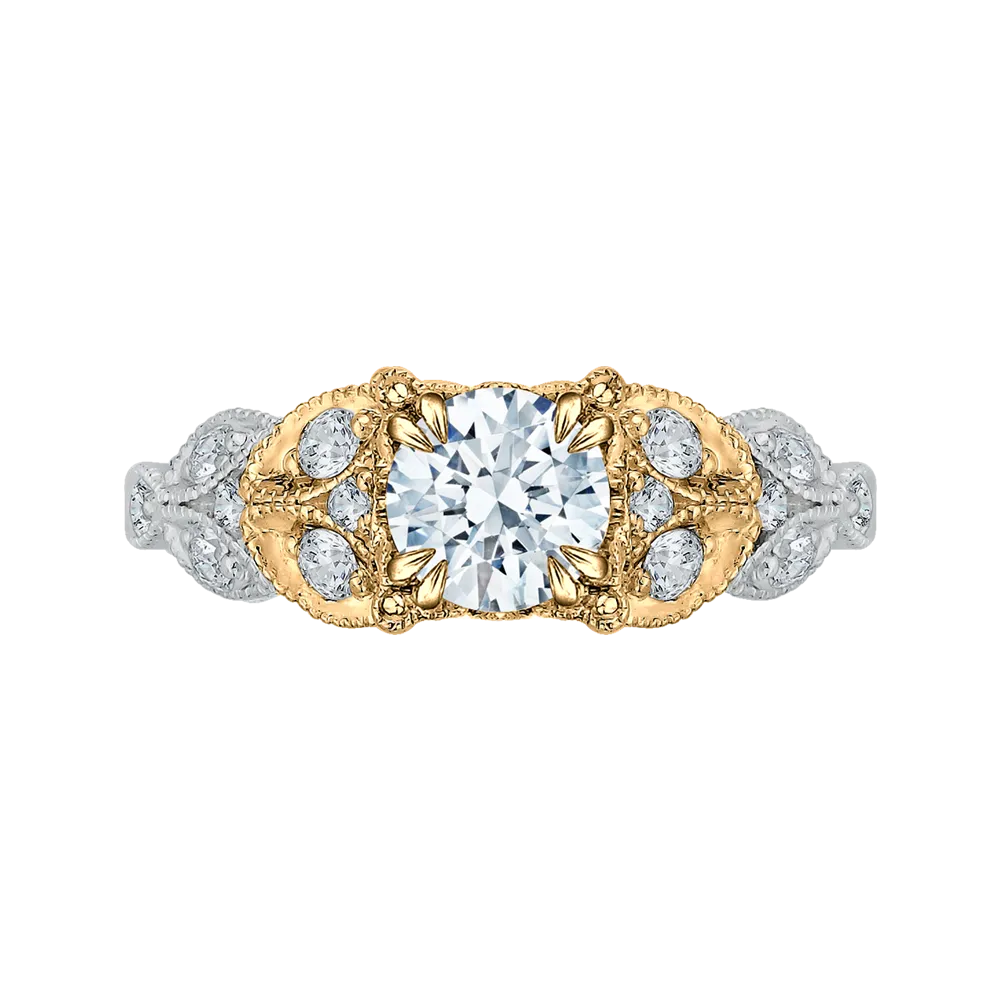 14K Two Tone Gold Round Diamond Floral Engagement Ring (Semi Mount)