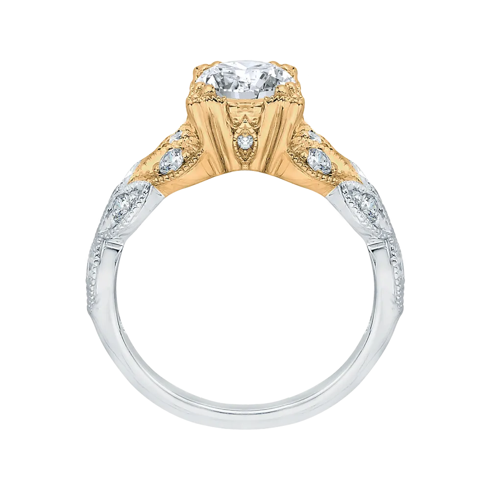 14K Two Tone Gold Round Diamond Floral Engagement Ring (Semi Mount)
