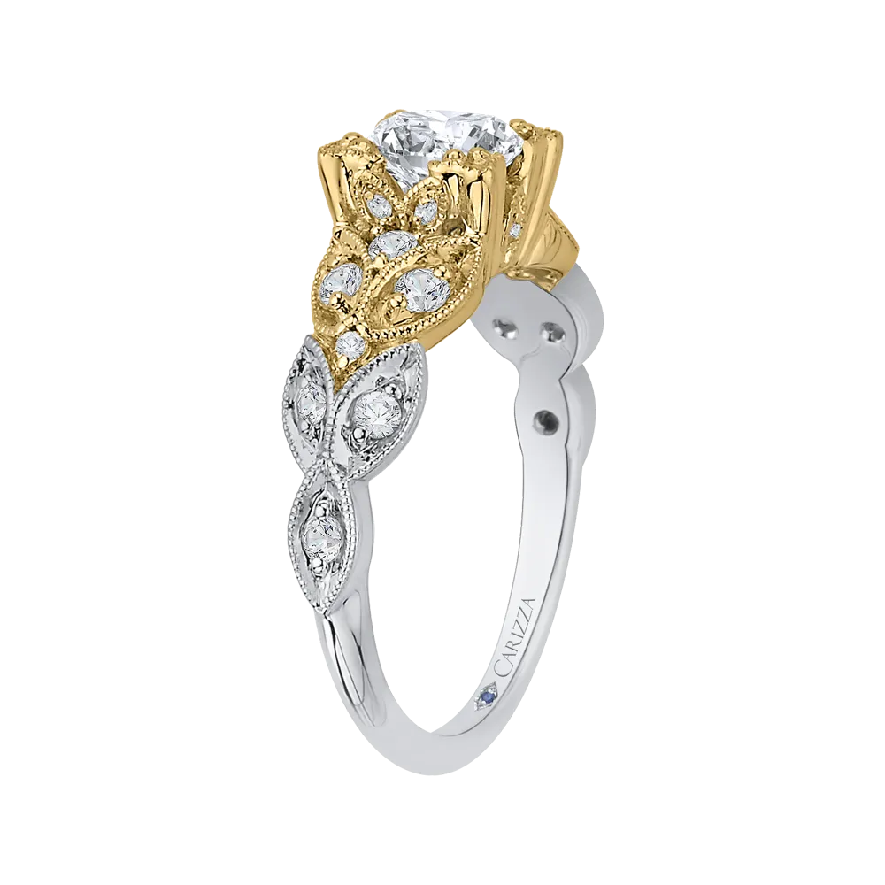14K Two Tone Gold Round Diamond Floral Engagement Ring (Semi Mount)
