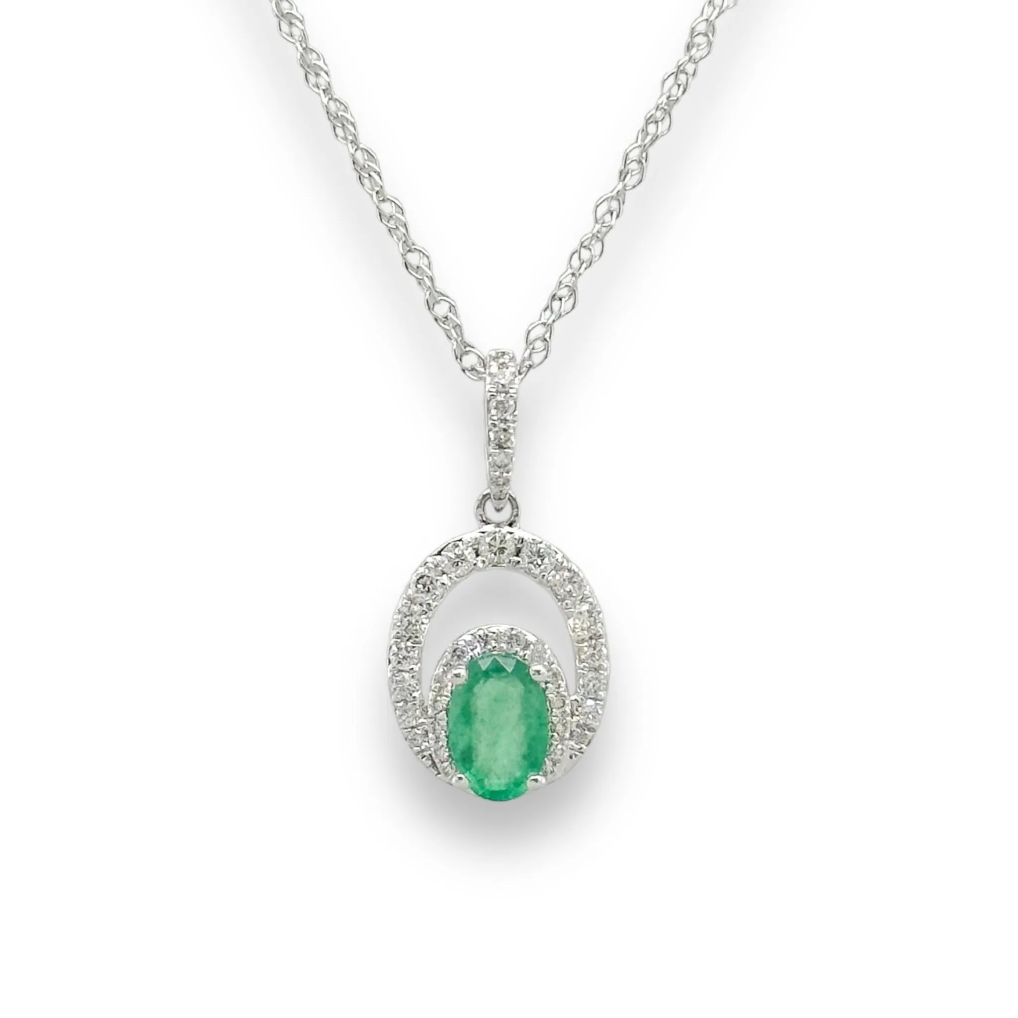 14K W Gold 0.50ct Oval Emerald 0.20cttw Diamond Necklace