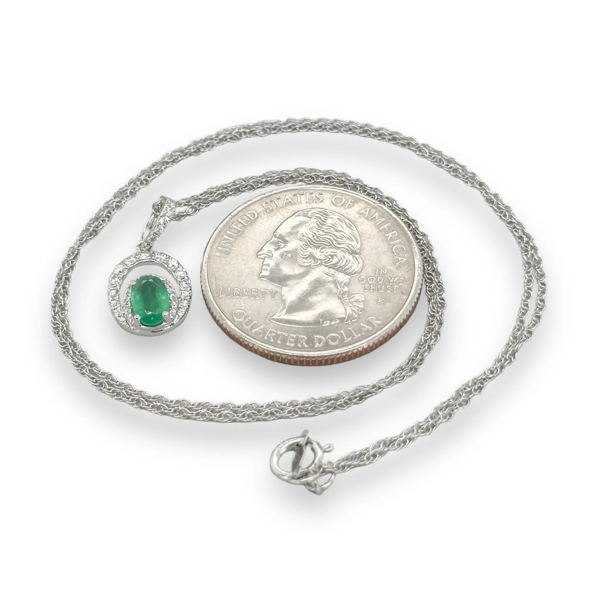 14K W Gold 0.50ct Oval Emerald 0.20cttw Diamond Necklace