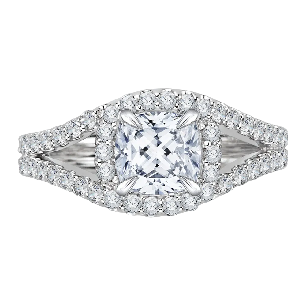 14K White Gold Cushion Diamond Halo Engagement Ring with Split Shank (Semi Mount)