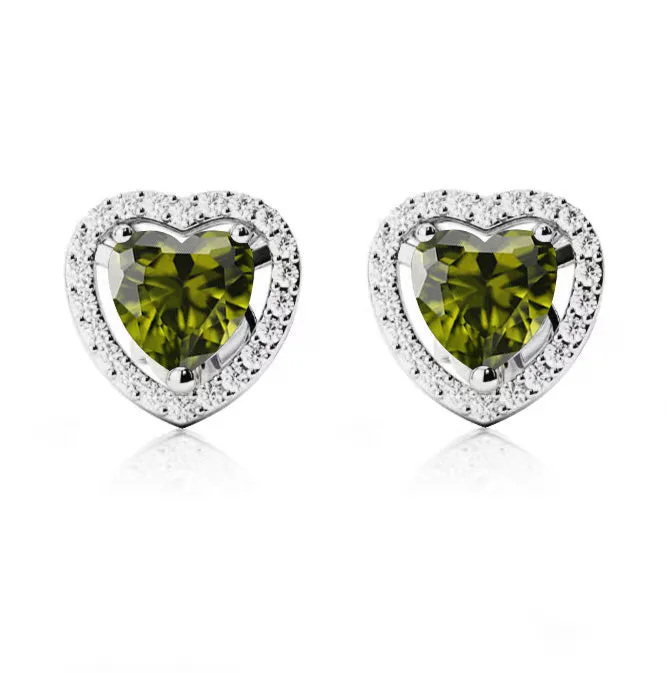 14k White Gold Plated 4 Ct Created Halo Heart Peridot Stud Earrings