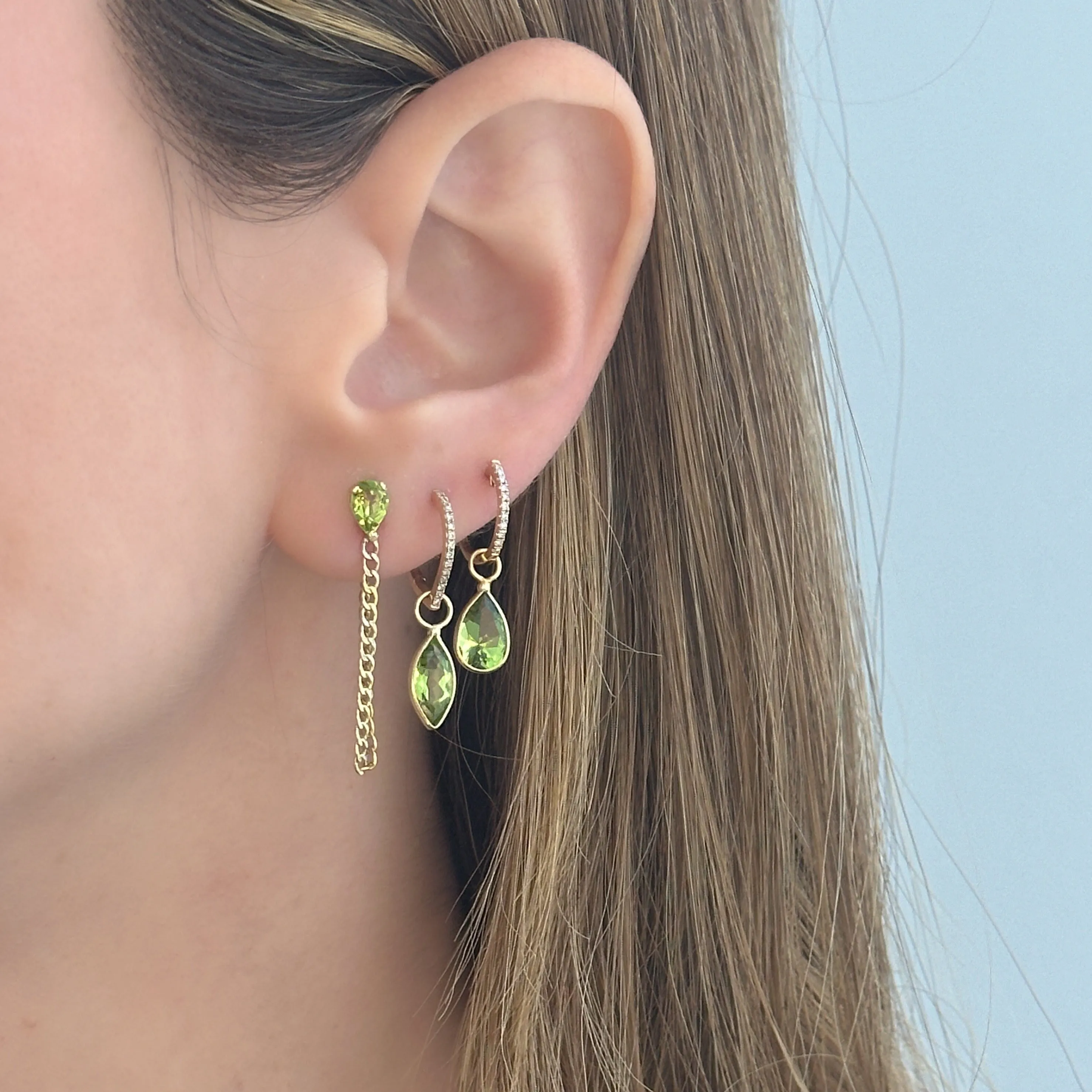 14K Yellow Gold Single Drop Peridot Gemstone Cuban Chain Earrings