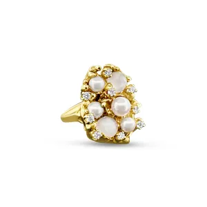 14K Yellow Gold Vintage Cultured Pearl and Cat's Eye Moonstone Cocktail Ring