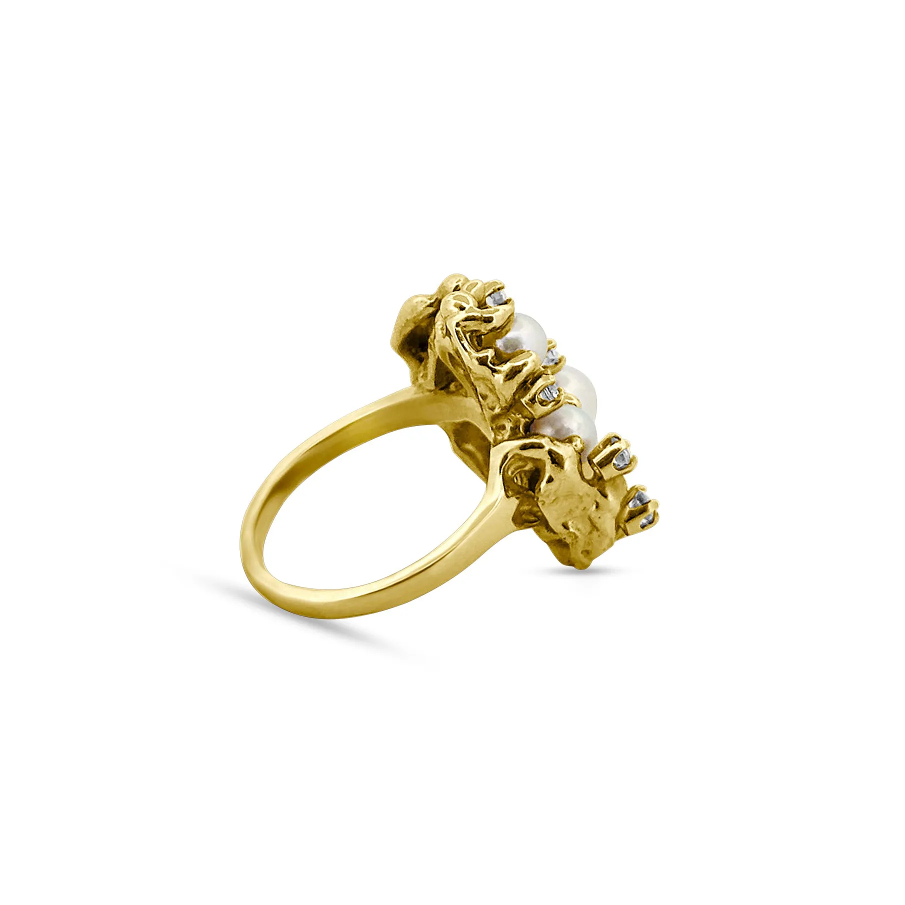 14K Yellow Gold Vintage Cultured Pearl and Cat's Eye Moonstone Cocktail Ring