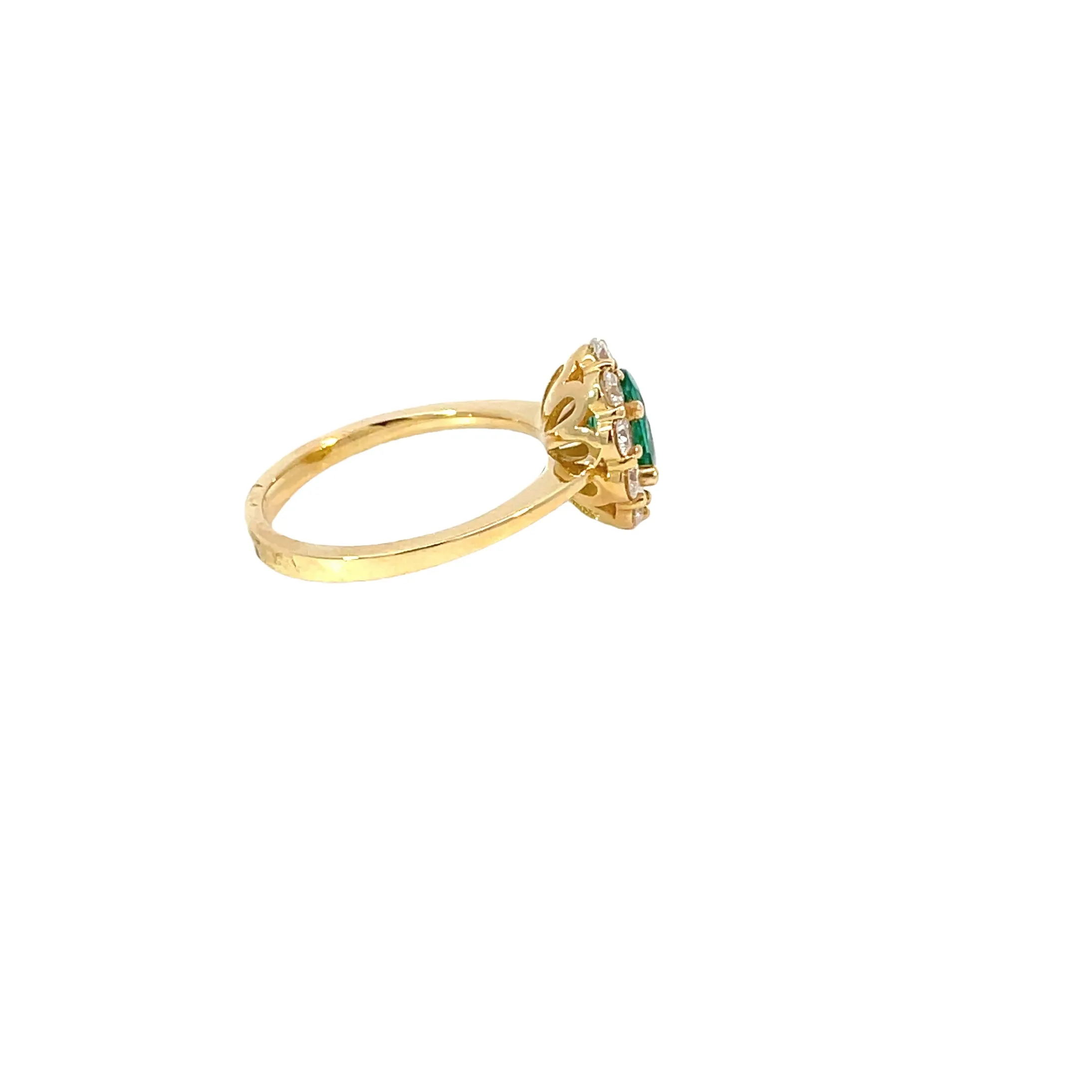 18 Karat Yellow Gold Emerald Diamond Halo Ring