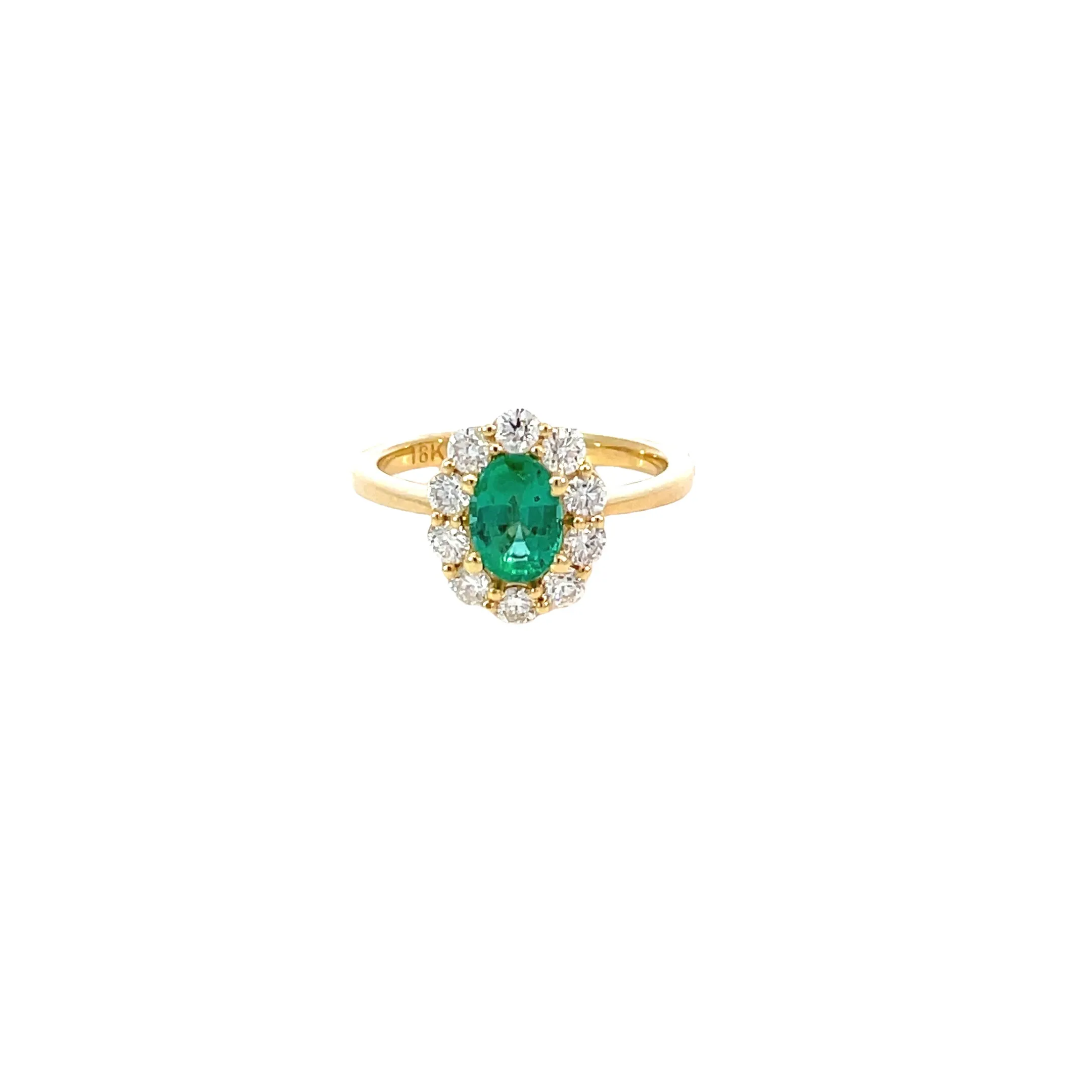 18 Karat Yellow Gold Emerald Diamond Halo Ring
