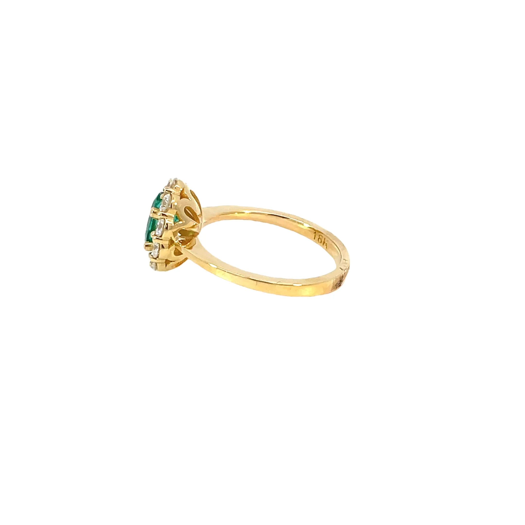 18 Karat Yellow Gold Emerald Diamond Halo Ring