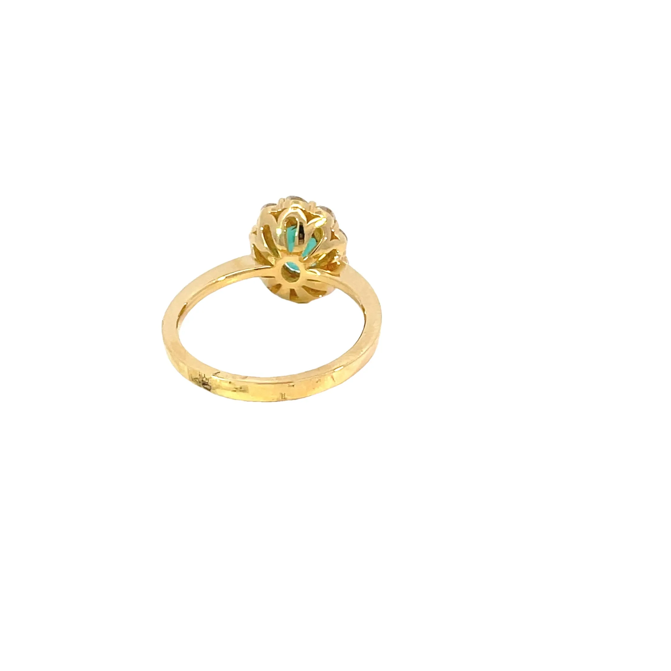 18 Karat Yellow Gold Emerald Diamond Halo Ring
