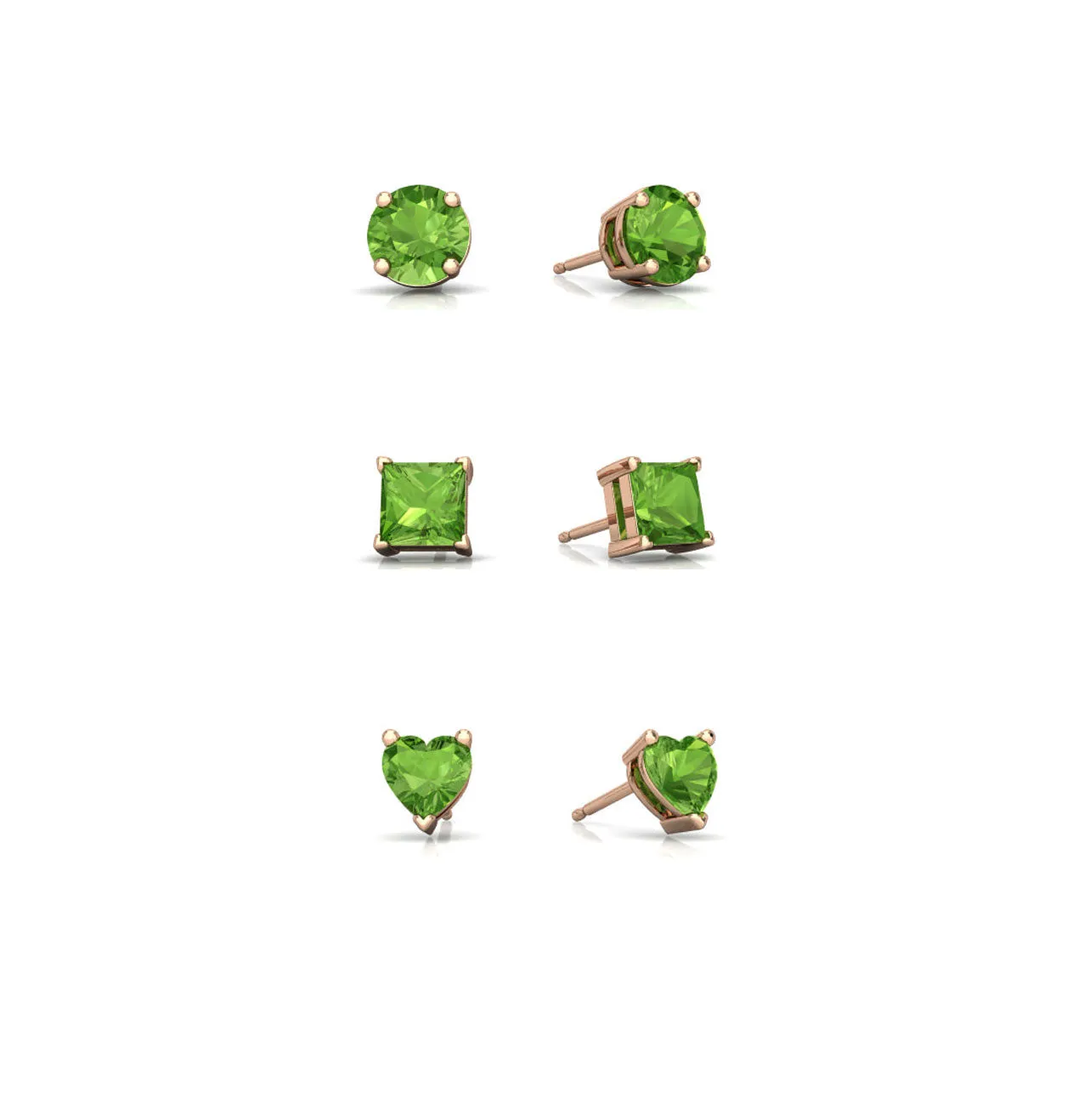 18k Rose Gold Plated 1Cttw 7mm Created Peridot 3 Pair Round, Square and Heart Stud Earrings