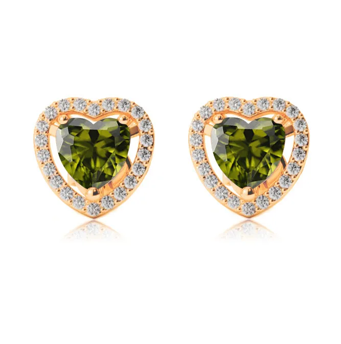 18k Yellow Gold Plated 1/2 Ct Created Halo Heart Peridot Stud Earrings