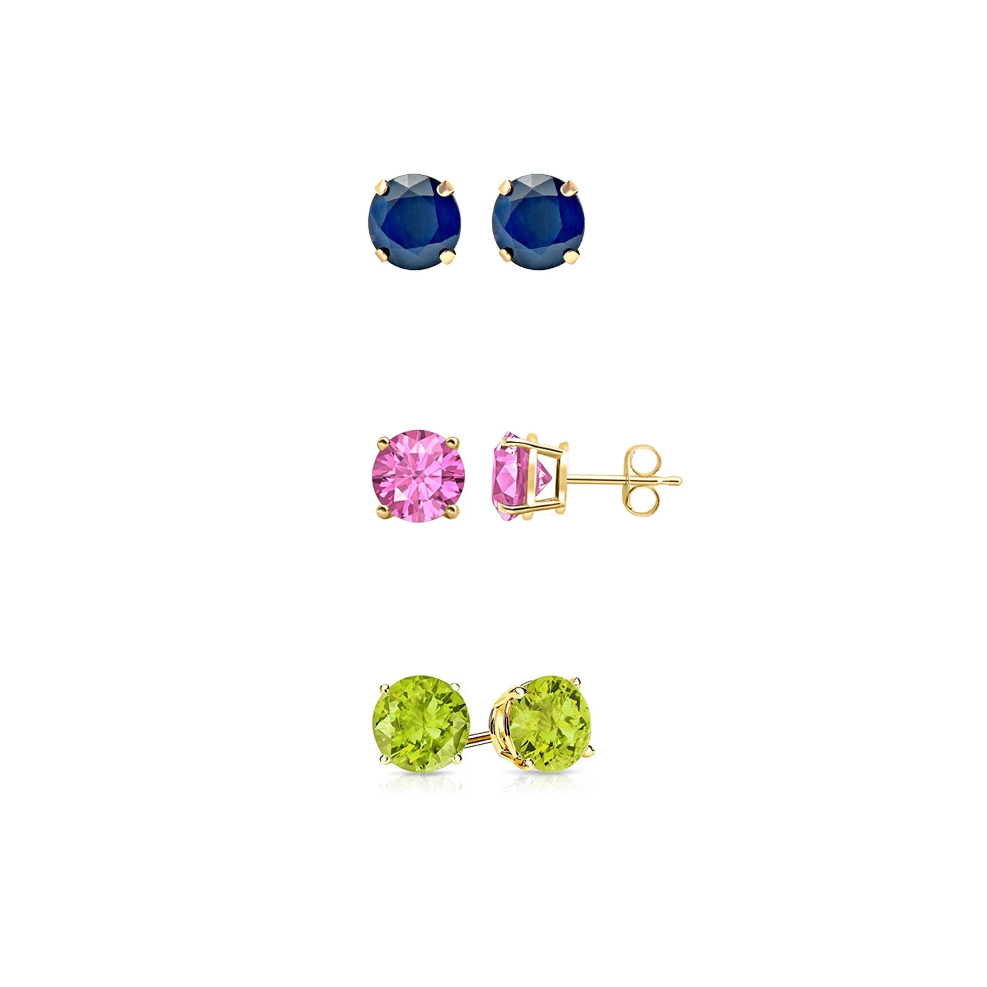 18k Yellow Gold Plated 4Ct Created Blue Sapphire, Pink Sapphire and Peridot 3 Pair Round Stud Earrings
