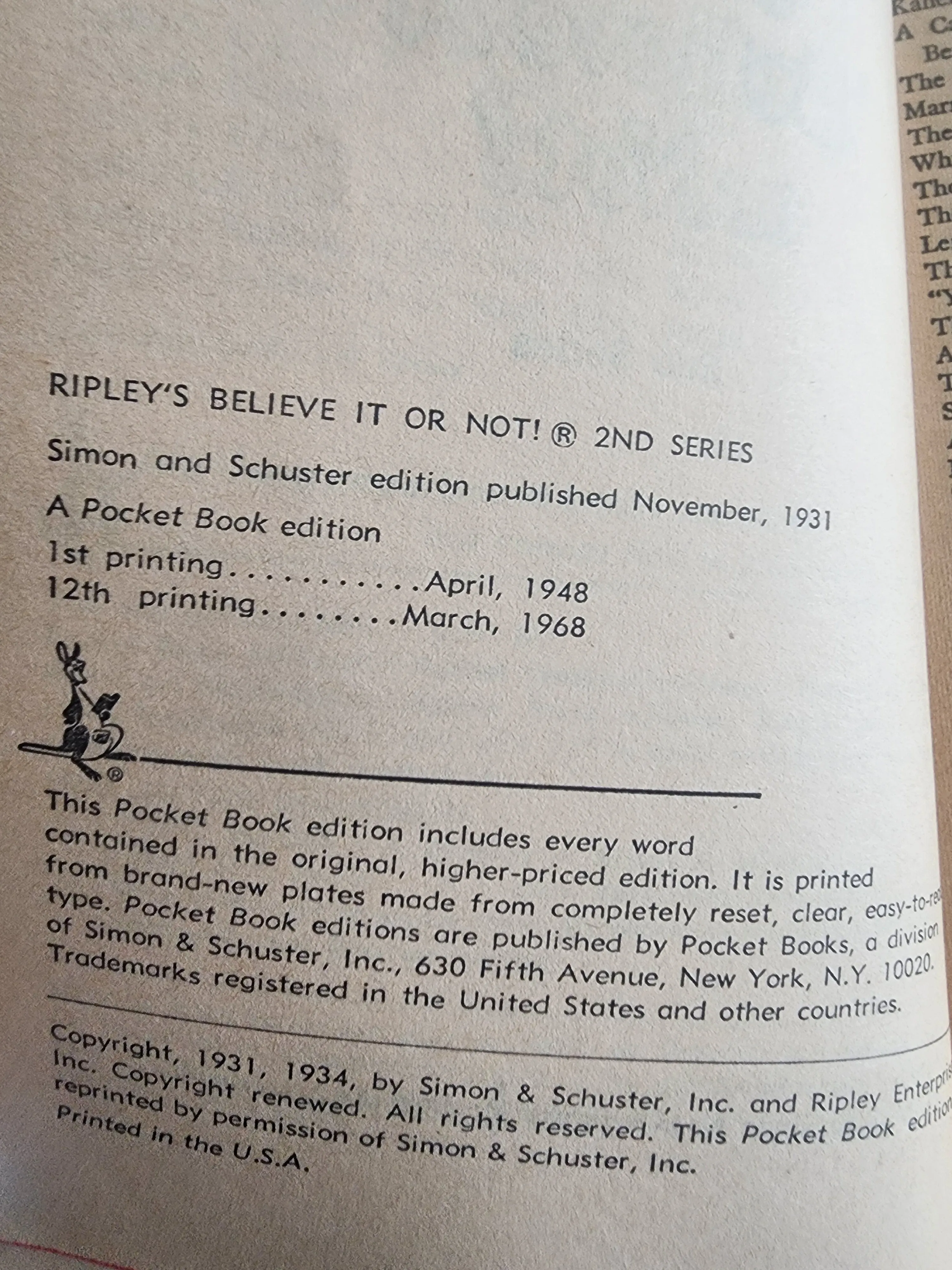 1968 RIPLEY'S BELIEVE IT Or NOT 2nd Series.  Pocket Paperback