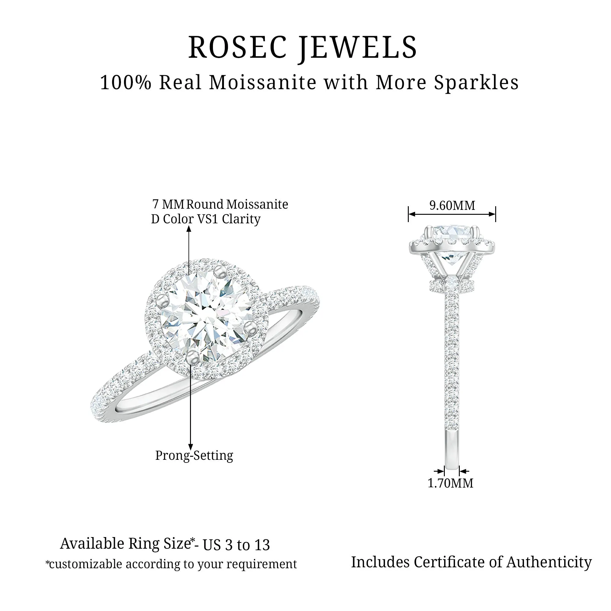 2 CT Moissanite Halo Solitaire Wedding Ring
