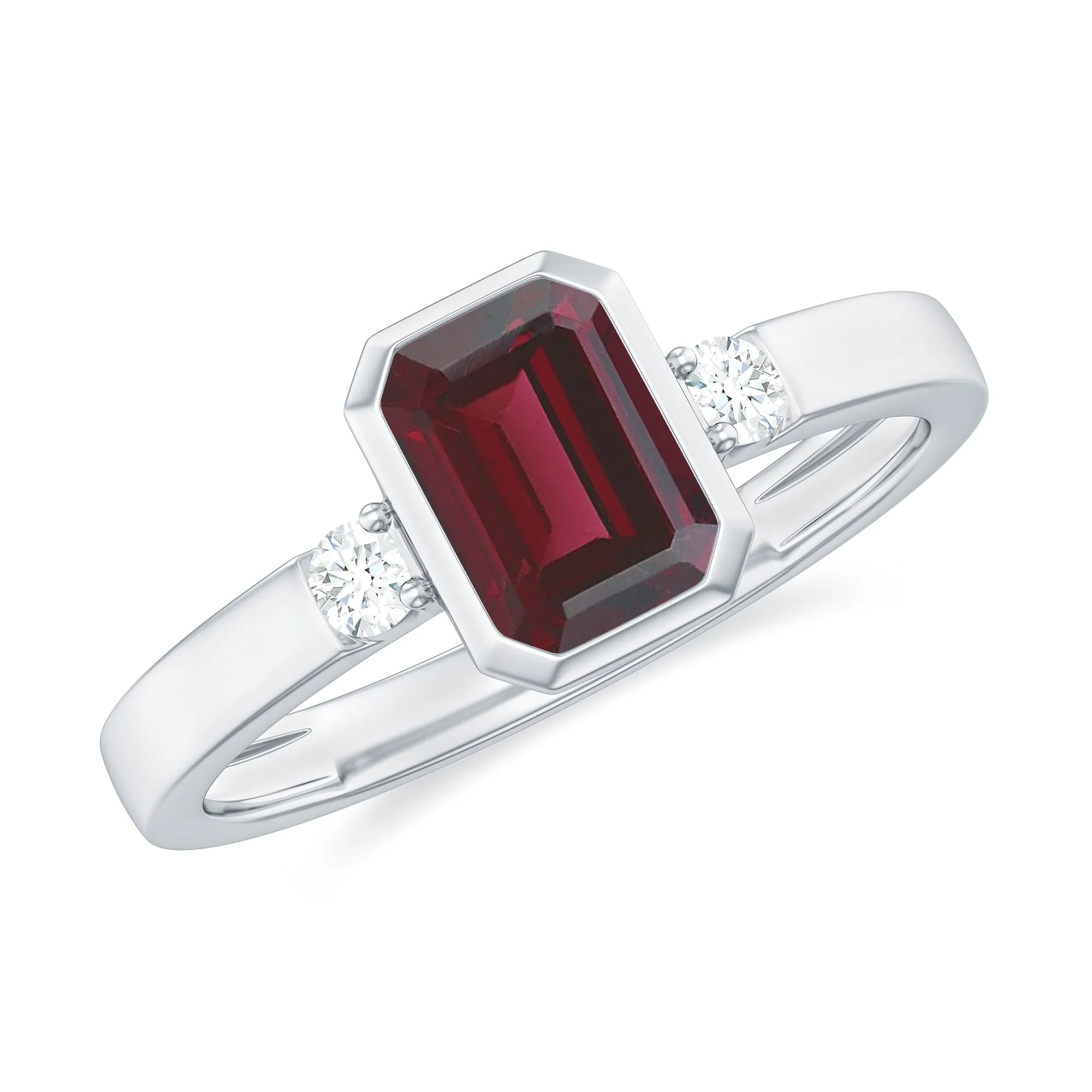 2.25 CT Emerald Cut Rhodolite Solitaire Engagement Ring with Diamond Accent