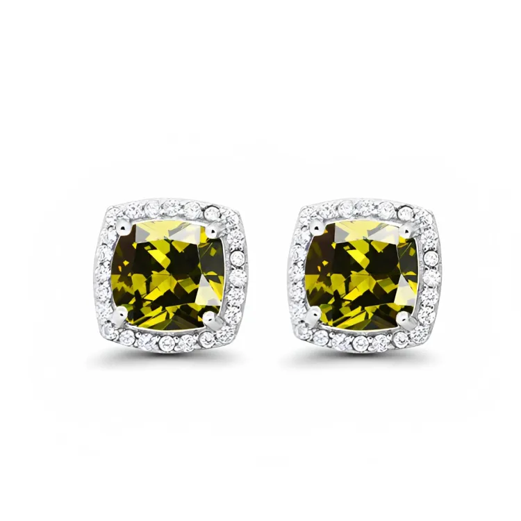24k White Gold Plated 4 Ct Created Halo Princess Cut Peridot Stud Earrings
