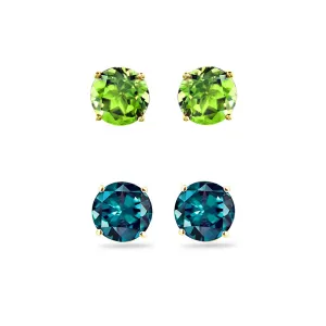 24k Yellow Gold Plated 1Ct Created Peridot and Alexandrite 2 Pair Round Stud Earrings