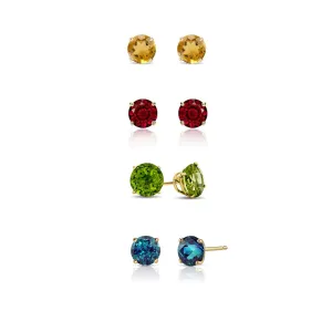 24k Yellow Gold Plated 2Ct Created Citrine, Garnet, Peridot and Alexandrite 4 Pair Round Stud Earrings