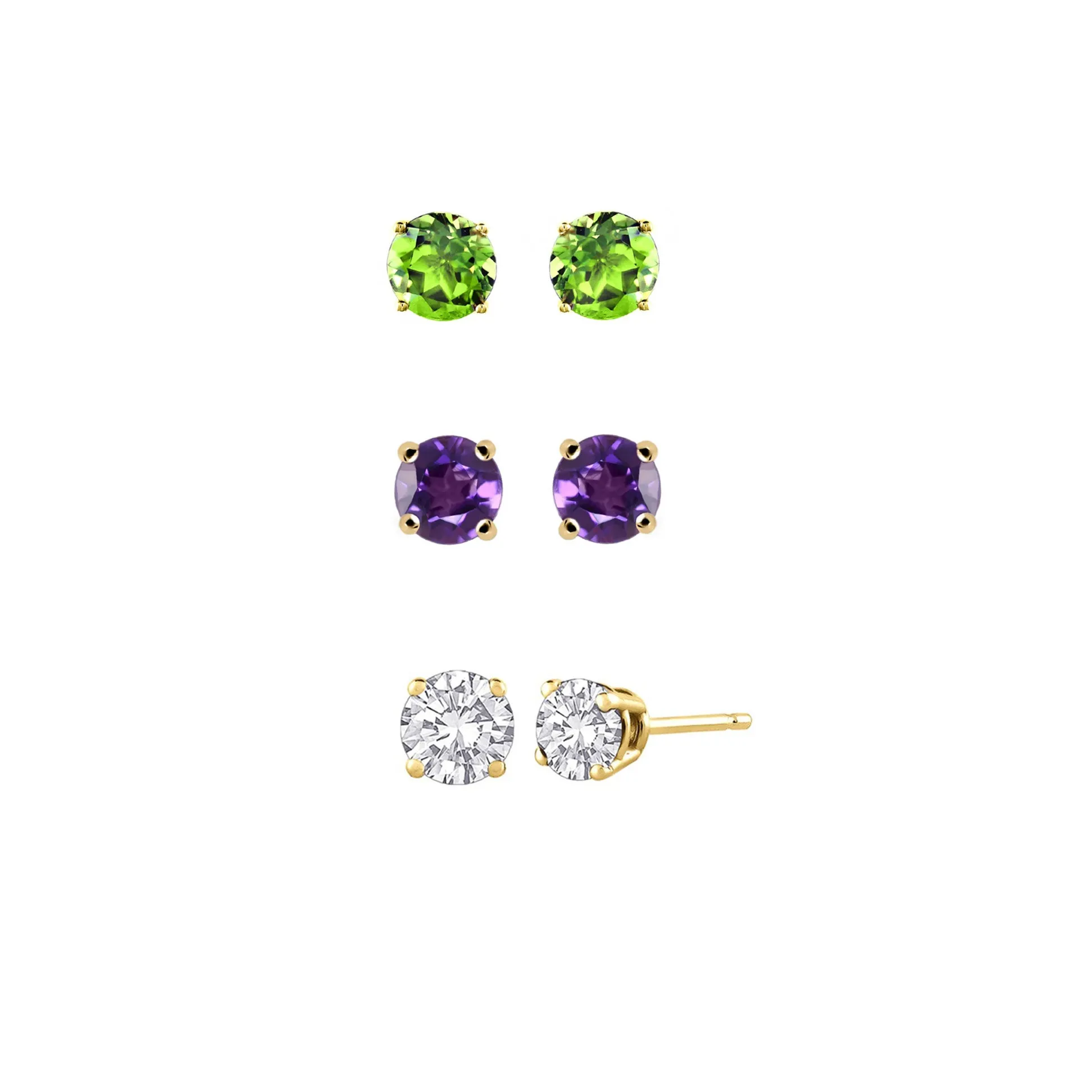 24k Yellow Gold Plated 2Ct Created Peridot, Amethyst and White Sapphire 3 Pair Round Stud Earrings