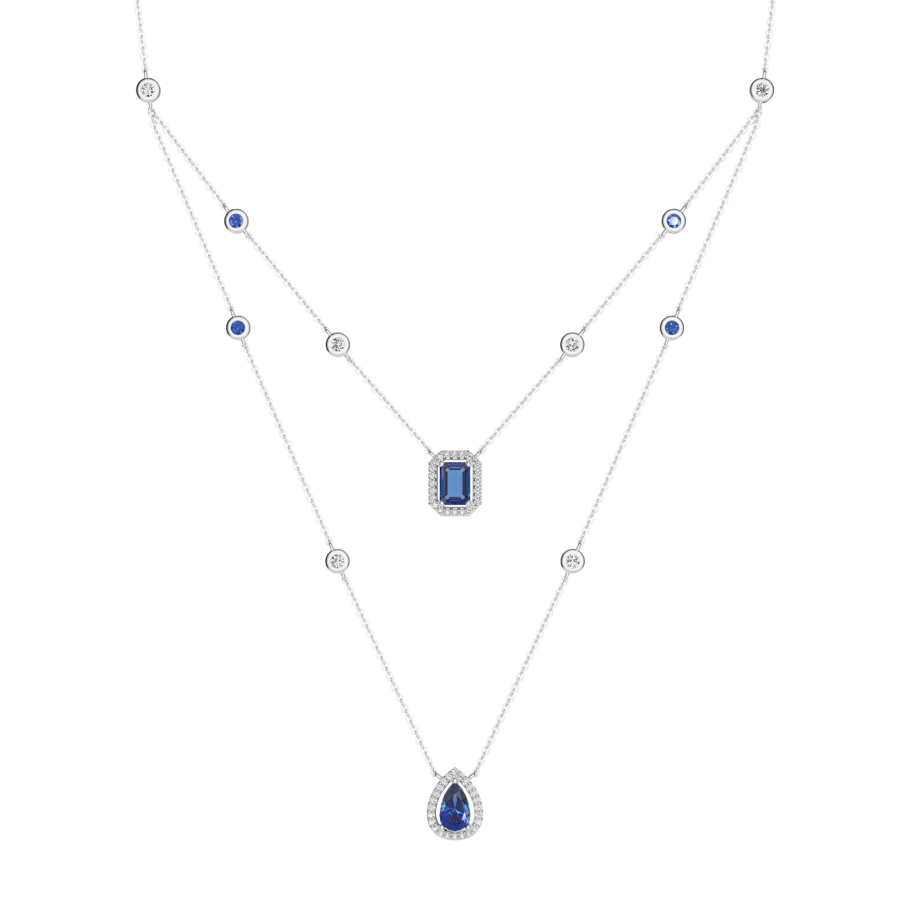 2.98 CT. Pear & Emerald-Cut Sapphire Halo Layered Necklace