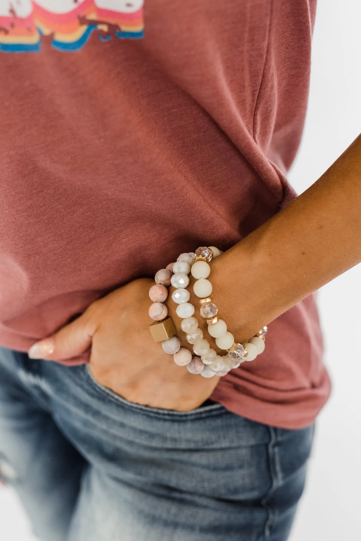 3 Layer Beaded Stretch Bracelet Set- Pink, White, & Gold