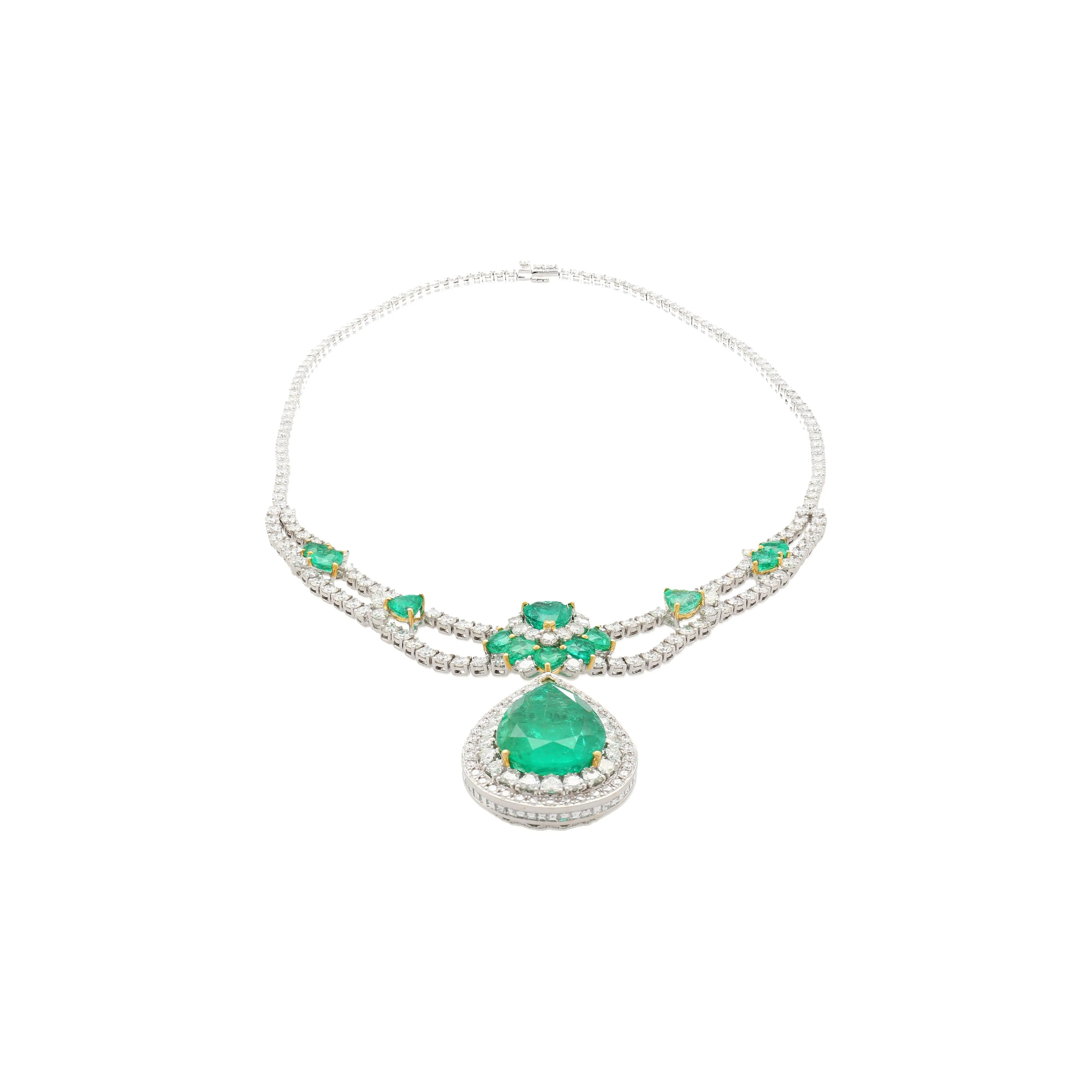 45.58 Carat TW Colombian Emerald & Diamond Chandelier Drop Necklace