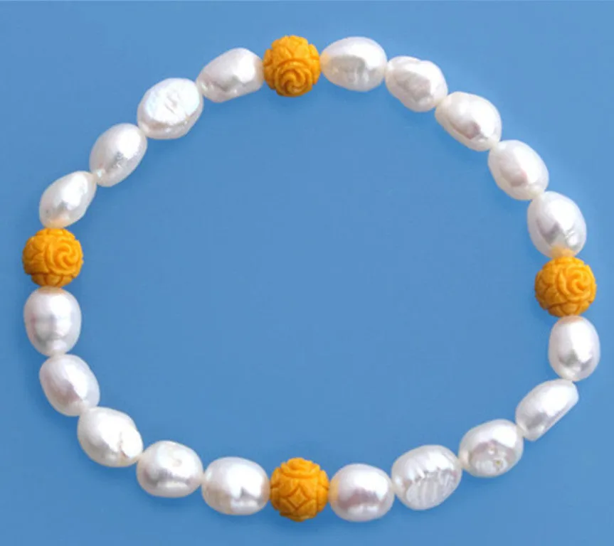 6.5-7mm Oval Shape Freshwater Pearl Bracelet and Coral Ball