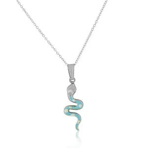 925 Sterling Silver 3D White Blue Enamel Snake Charm Pendant Necklace