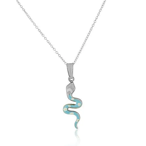 925 Sterling Silver 3D White Blue Enamel Snake Charm Pendant Necklace