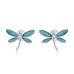 925 Sterling Silver Blue Enamel Dragonfly Studs Earrings