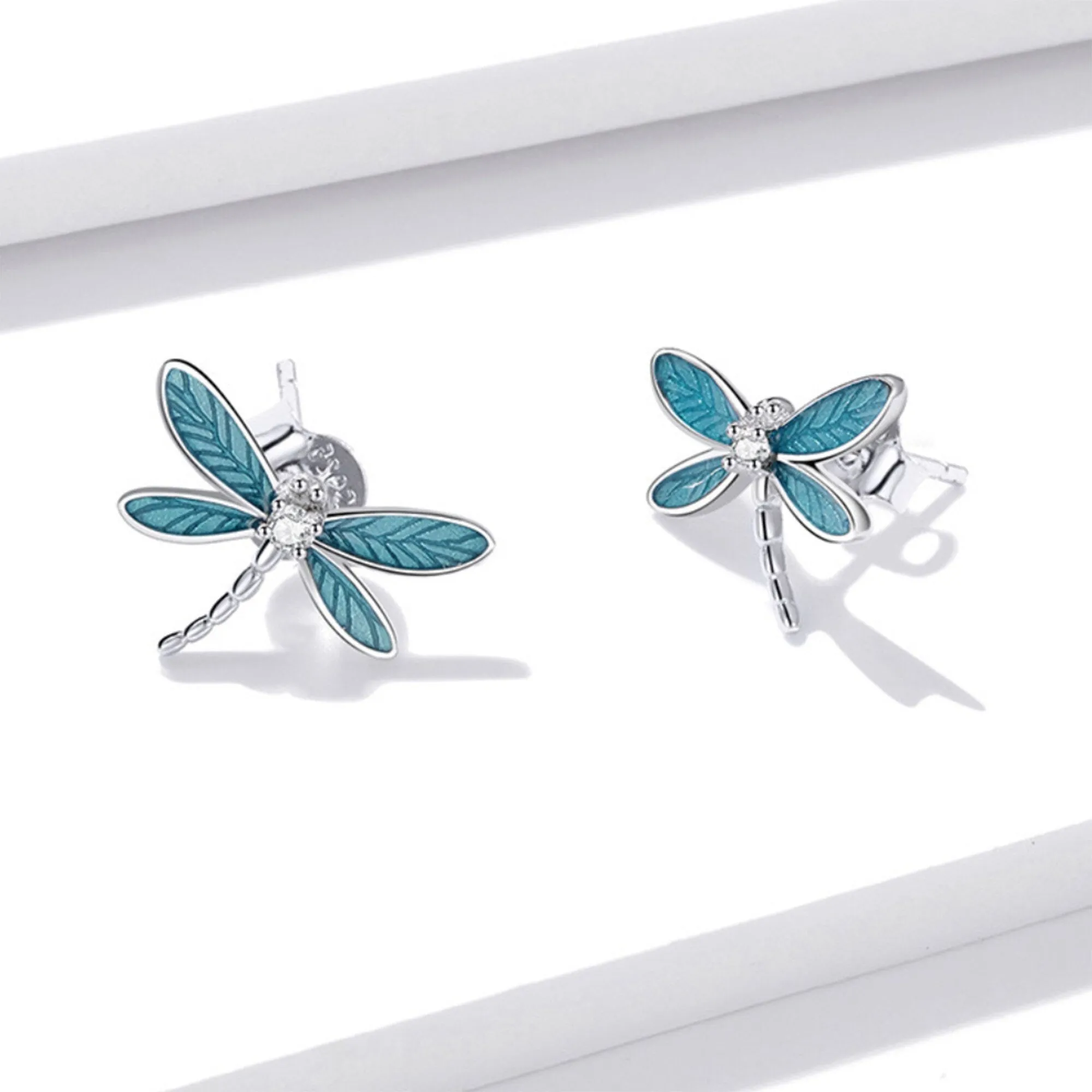 925 Sterling Silver Blue Enamel Dragonfly Studs Earrings
